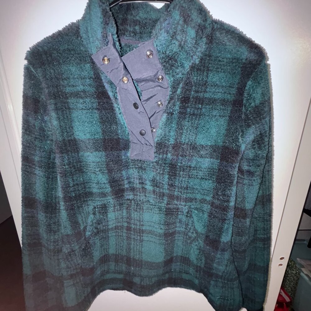 Eddie Bauer Cabinscape Fleece Pullover in Plaid Black Watch, Snap Up, Size M